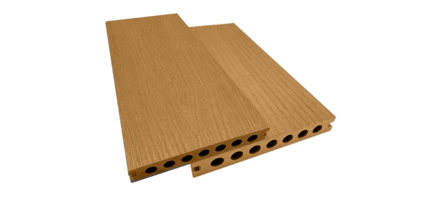 NewStead wood plastic composite deck boards with a teak finish