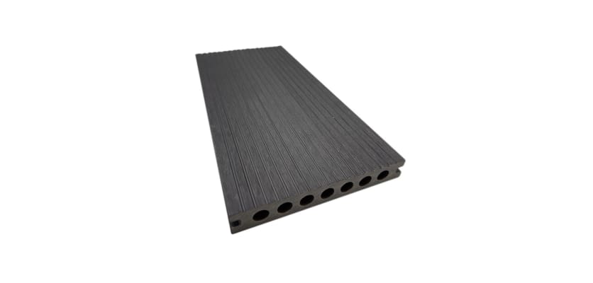 Underside of a composite deck board with a charcoal finish