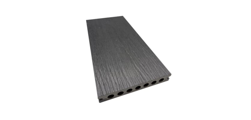 Top side of a composite deck board with a charcoal finish