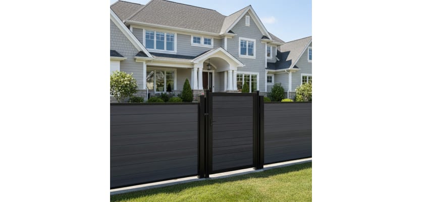 Gray Aluminum Walk Gate and fencing installed outside house