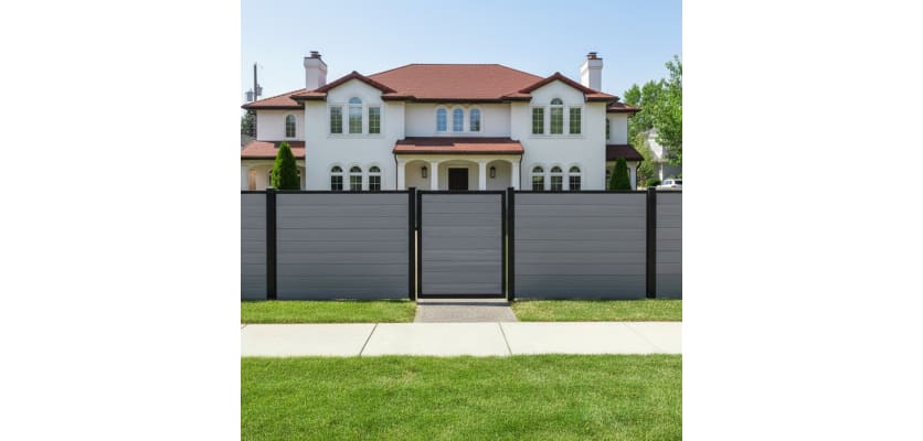 Gray Aluminum Walk Gate and fencing installed outside house