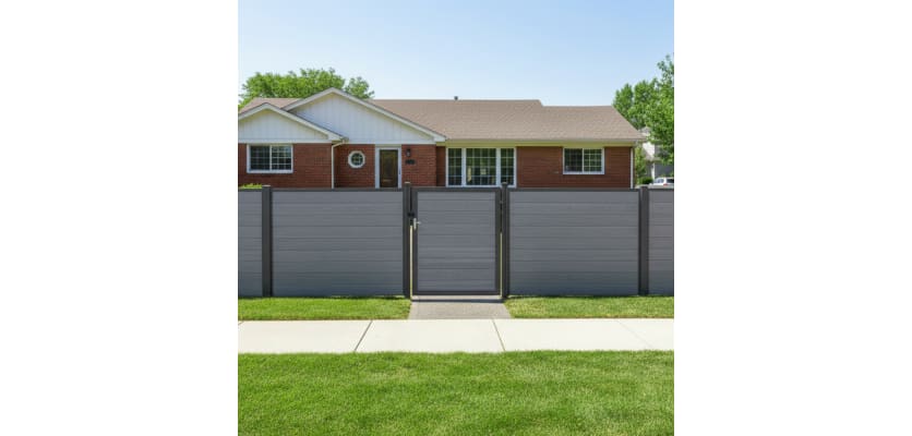 Gray gate and composite fencing installed in front yard