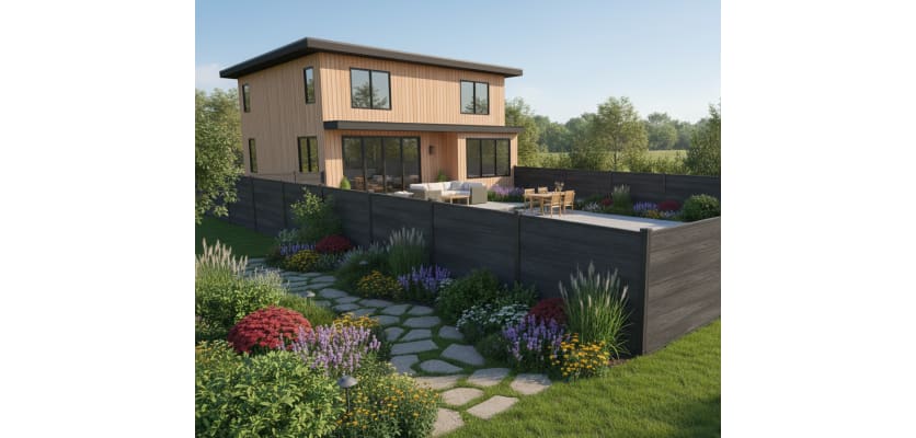 NewStead Embossed Anthracite Grey Wood Plastic Composite Fencing around a back yard