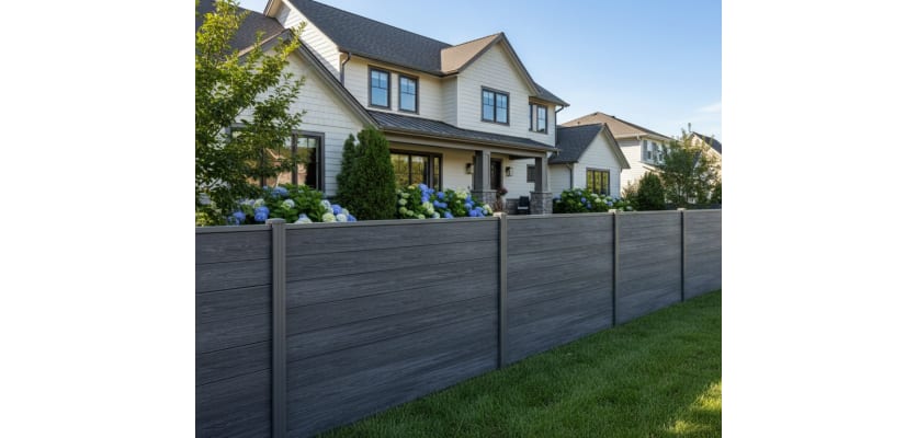 A row of NewStead Embossed Anthracite Grey Wood Plastic Composite Fencing around a home