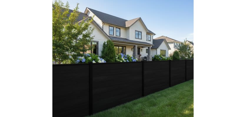 A row of Black NewStead Wood Plastic Composite Fencing with Black Posts 