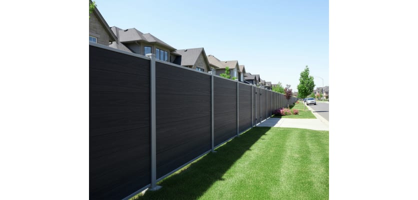 A row of Black NewStead Wood Plastic Composite Fencing 