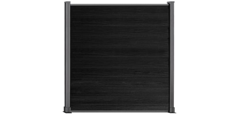 A 6 foot high Black NewStead Wood Plastic Composite Fencing with Silver Posts 