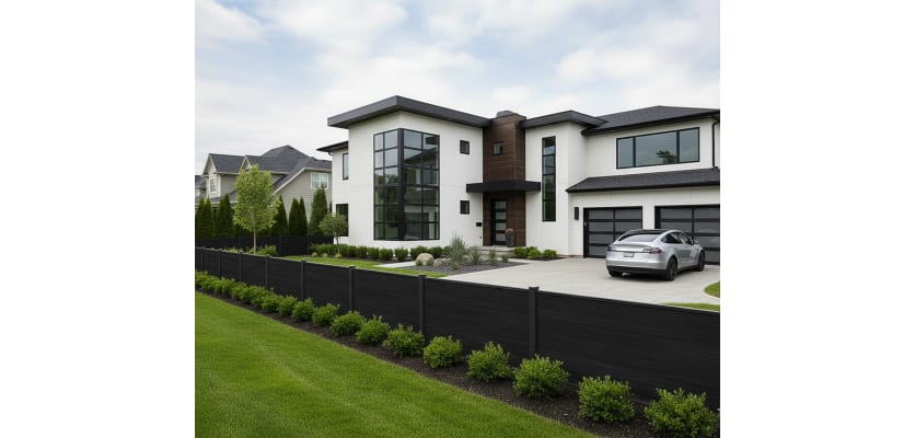 Composite fencing installed outside large house