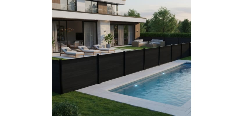 Black plastic fencing installed next to pool