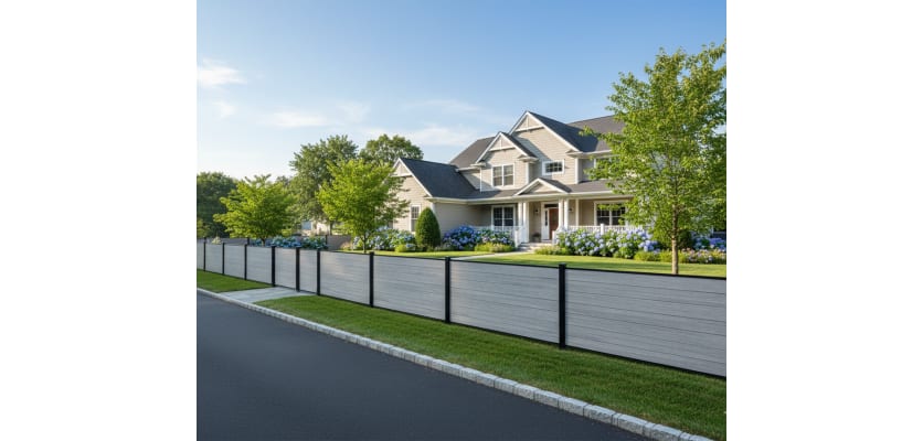 Light gray wood plastic fencing outside house