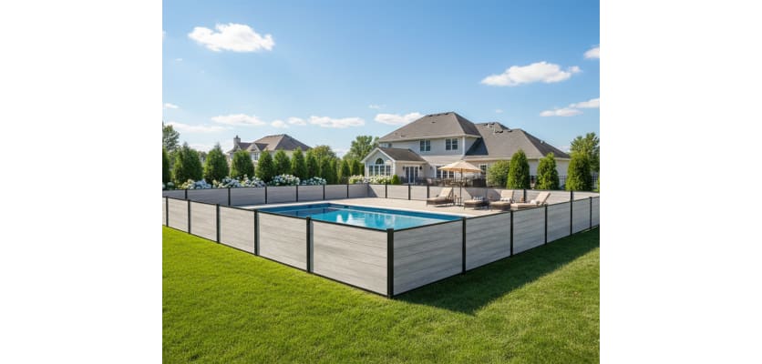 Light gray plastic fencing installed around pool 