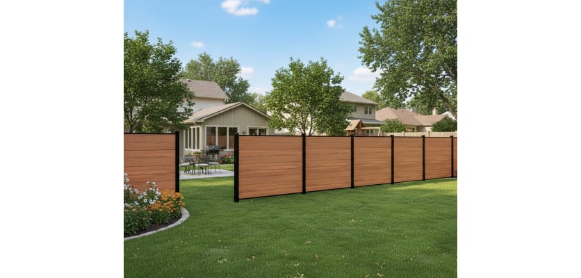 NewStead Wood Grain Teak Wood Plastic Composite Fencing installed around backyard