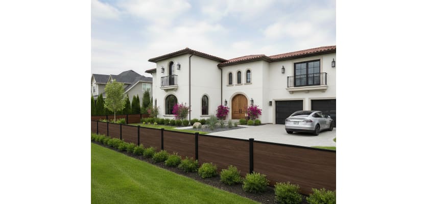 NewStead Wood Grain Walnut Wood Plastic Composite Fencing installed in front of house