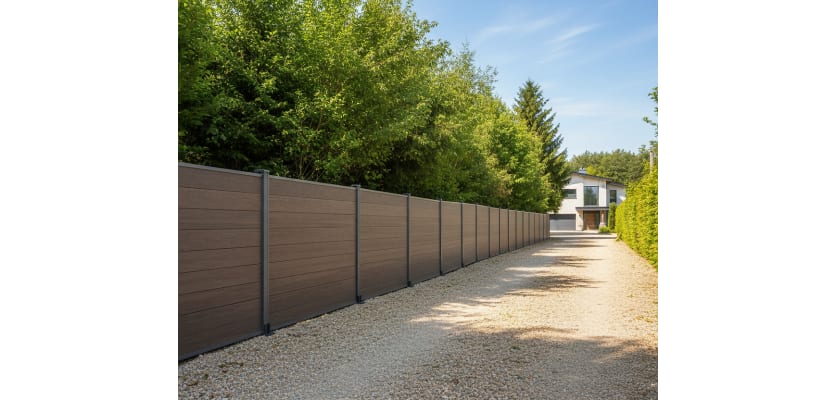 NewStead Wood Grain Walnut Wood Plastic Composite Fencing installed around house perimeter 