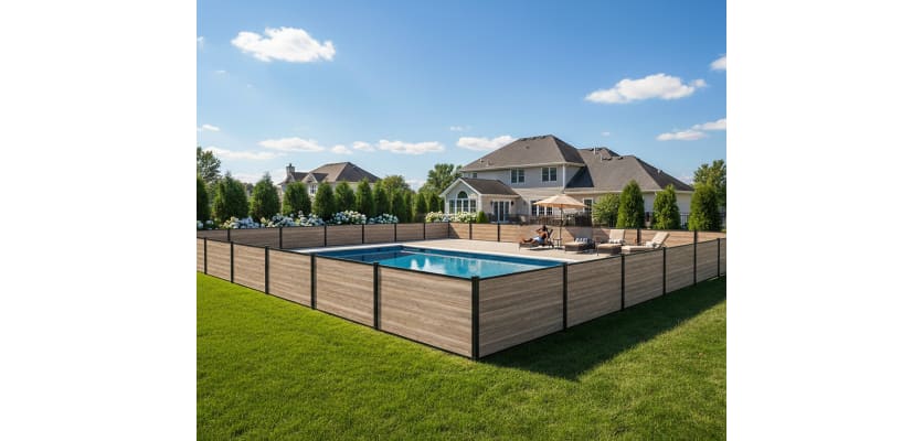  Antique Wood Plastic Composite Fencing installed around pool 