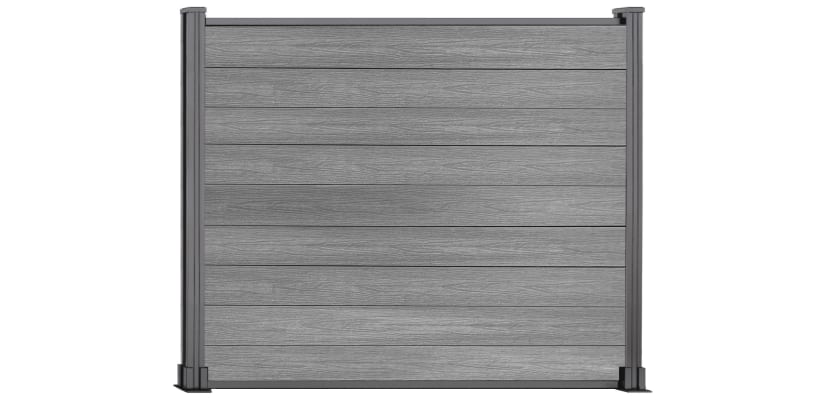 A 5 Foot High Light Grey NewStead Wood Plastic Composite Fence with Silver Posts