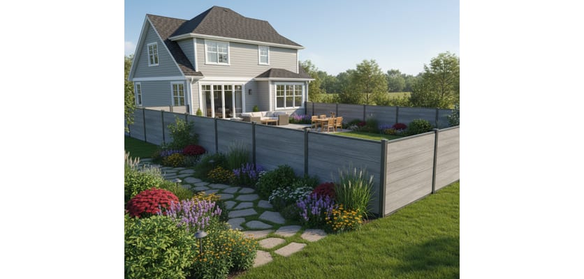A perimeter of NewStead Light Grey Wood Plastic Composite Fencing around a family home 