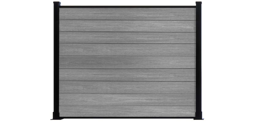 A 5 Foot High Light Grey NewStead Wood Plastic Composite Fence with Black Posts