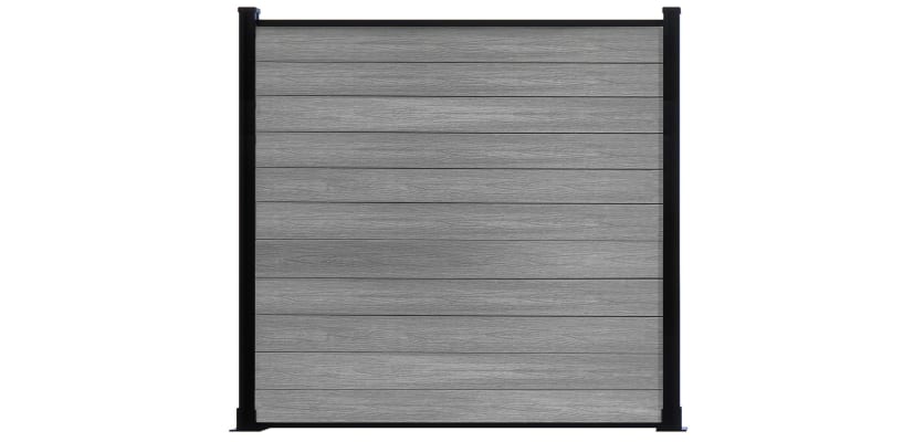 A 6 Foot High Light Grey NewStead Wood Plastic Composite Fence with Black Posts