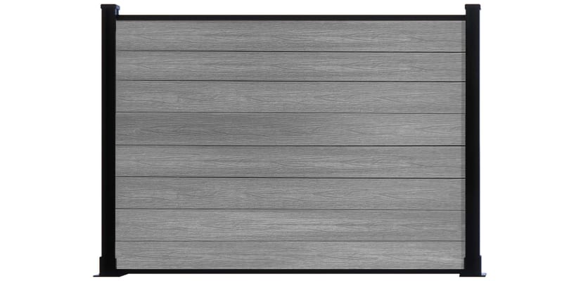 A 4 Foot High Light Grey NewStead Wood Plastic Composite Fence with Black Posts