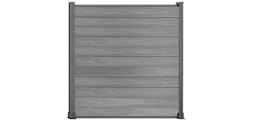 A 6 Foot High Light Grey NewStead Wood Plastic Composite Fence with Silver Posts