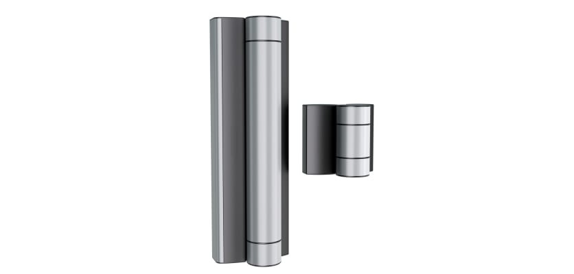 A silver Locinox Magnus Motorized Hinge and Closer for Walk Gates