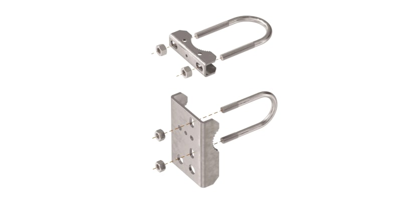 Heavy-duty stainless steel chain link adapter bracket kit with U-bolts and serrated grip plate for round gate posts