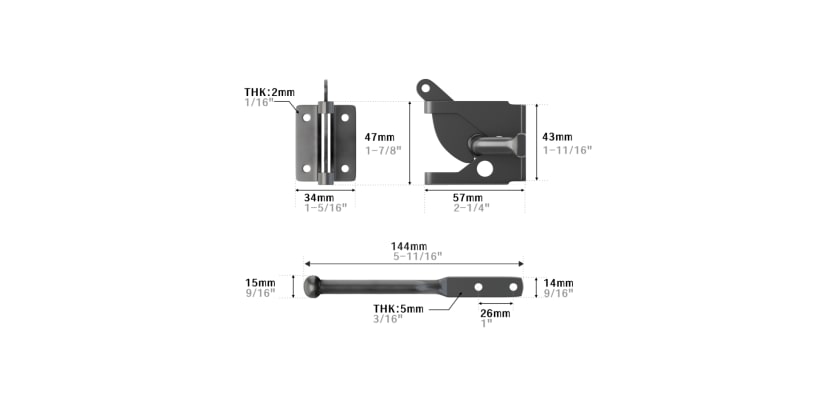 A series of technical drawings showing the dimensions of the Universal Gate Latch