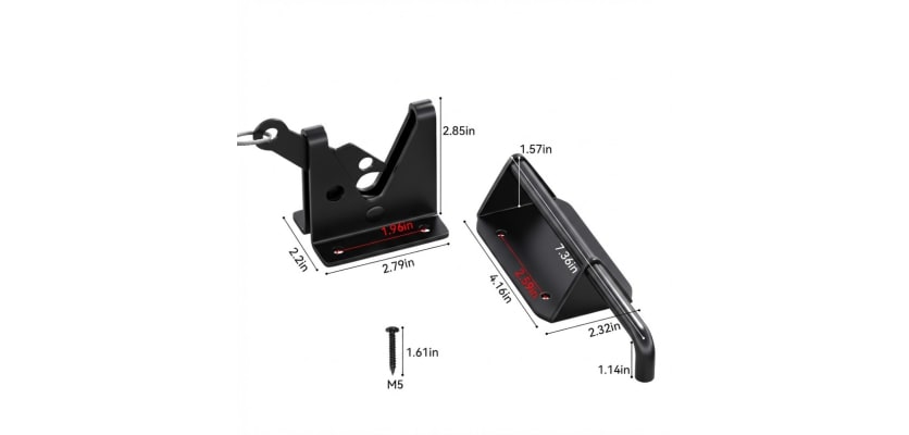 Universal gate locking bar bolt dimensions diagram showing 7.36" bolt length, 2.85" bracket height, 4.16" base plate, and M5 mounting screws