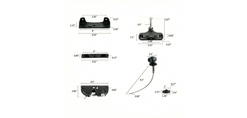 Key lockable spring-loaded gate latch dimension diagram with pull handle, striker, and mounting measurements