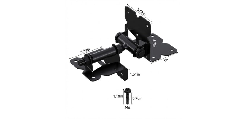 Adjustable self-closing gate spring hinge dimensions diagram with mounting plate measurements and M6 screws