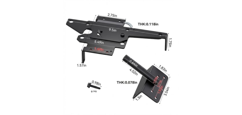 Universal 9-7/16 inch heavy-duty gate spring latch dimension diagram with mounting bracket and M6 screws