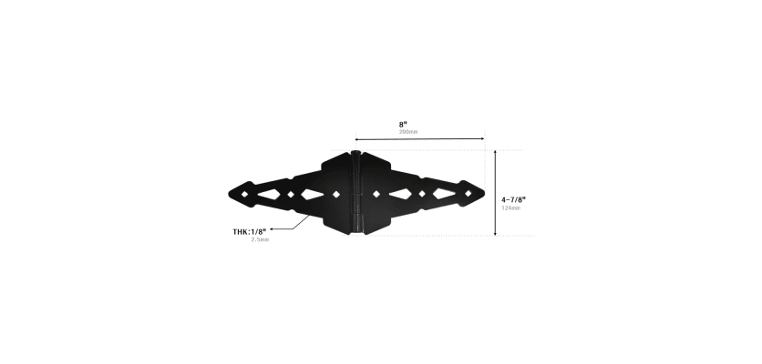 Black 8 inch decorative strap gate hinge 1/8 inch thick with 4-7/8 inch width dimension diagram
