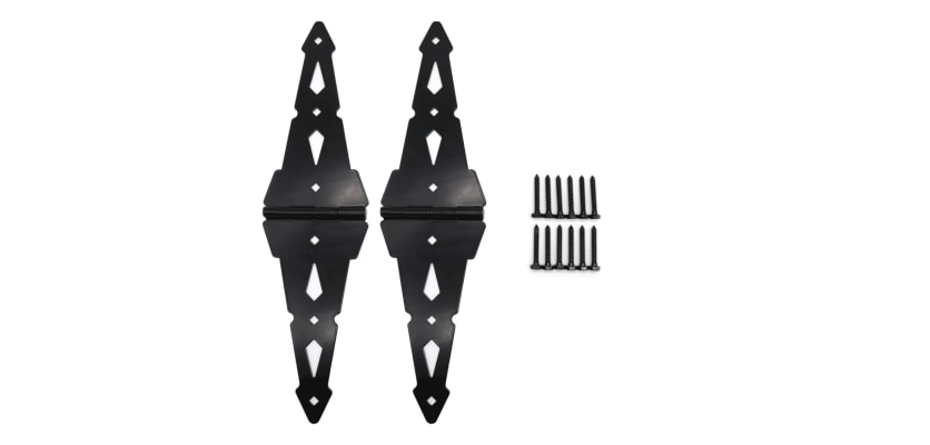 Black decorative strap gate hinges with mounting screws set for driveway or garden gates