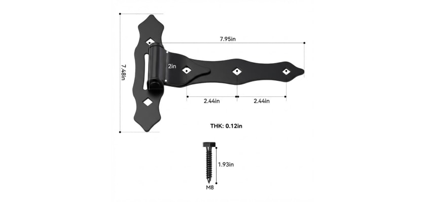 Black decorative strap gate hinge 7.95 inch with 0.12 inch thickness and M8 mounting screw dimension diagram
