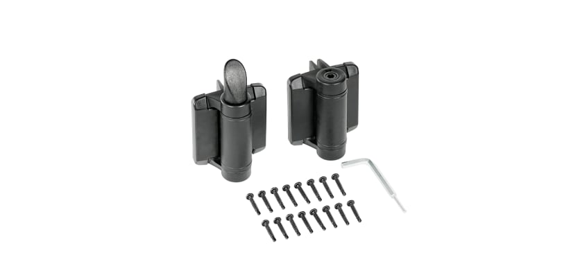 Adjustable tension self-closing gate hinges with mounting screws and Allen key