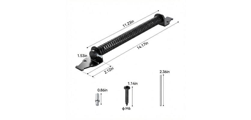 11 inch adjustable gate spring closer dimension diagram black steel self-closing hinge with mounting hardware