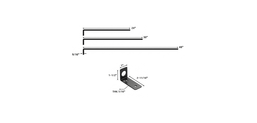 48 inch gate drop rod dimension diagram heavy-duty cane bolt with 3-1/8 inch offset and mounting bracket measurements