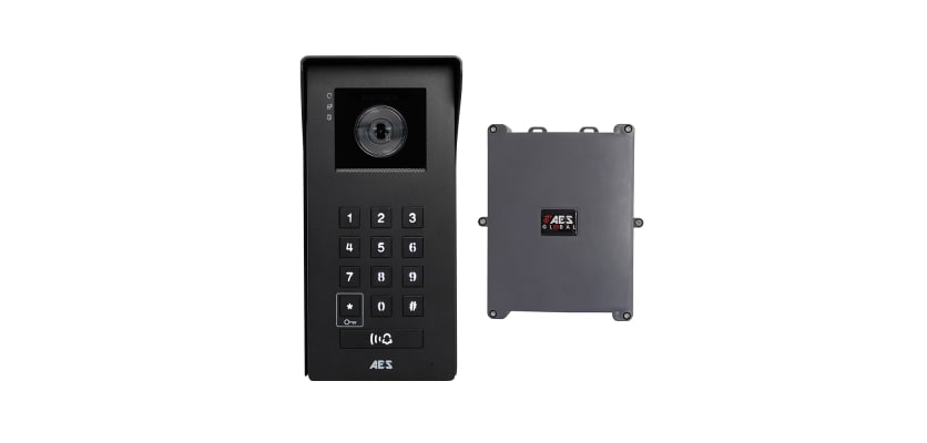 AES Opyn 4G LTE video intercom with keypad and external cellular control box for remote gate access control