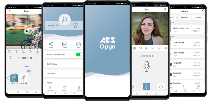 AES Opyn smartphone app interface for video intercom control, remote gate access, activity logs, and live video monitoring