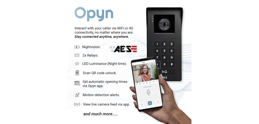 AES Opyn IP-4G video intercom with mobile app control, QR unlock, and motion alerts