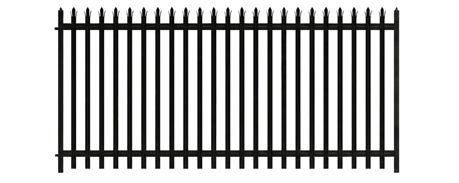 10 ft high black steel security fencing panel with straight pale tops and horizontal rails for maximum commercial perimeter protection