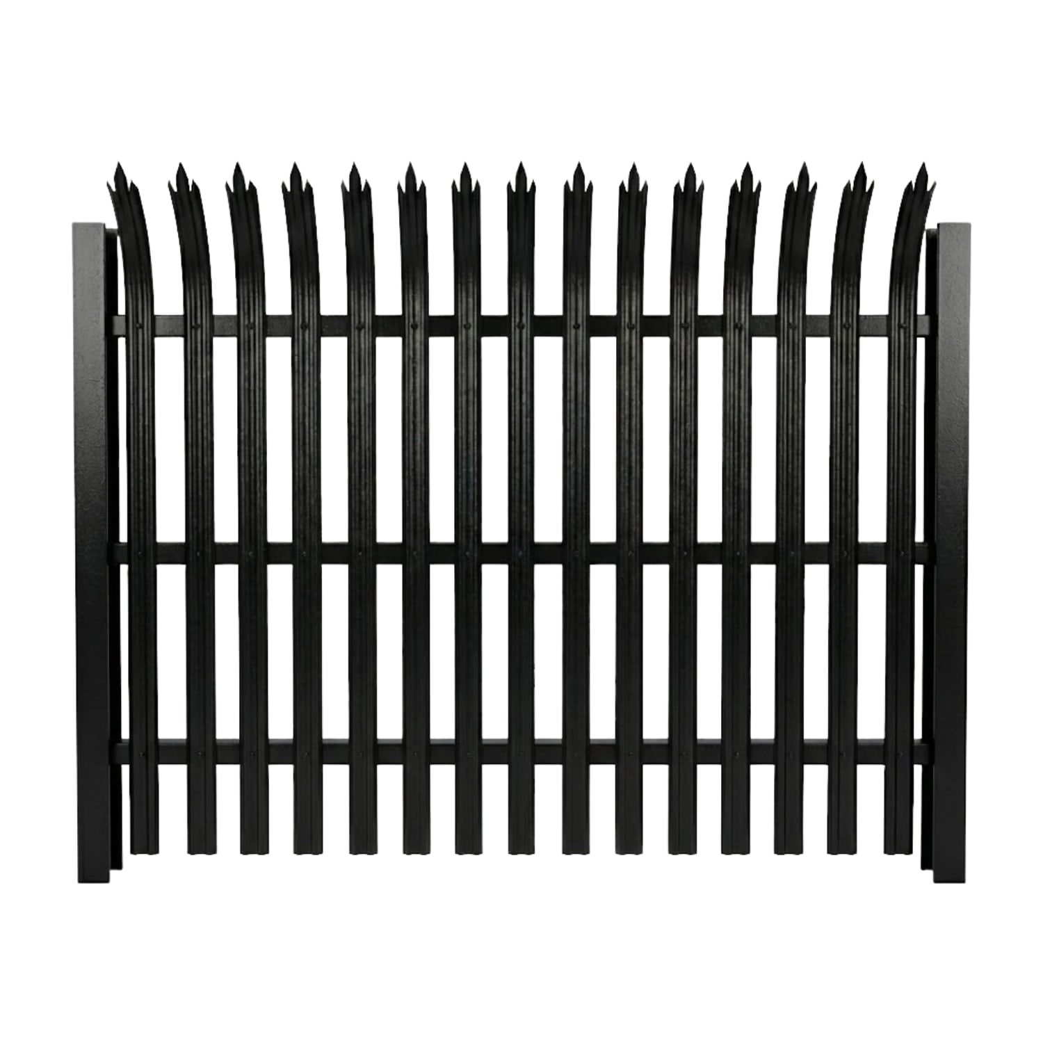 10 ft high black curved top steel security fencing panel with W-profile pales and horizontal rails for maximum industrial perimeter protection