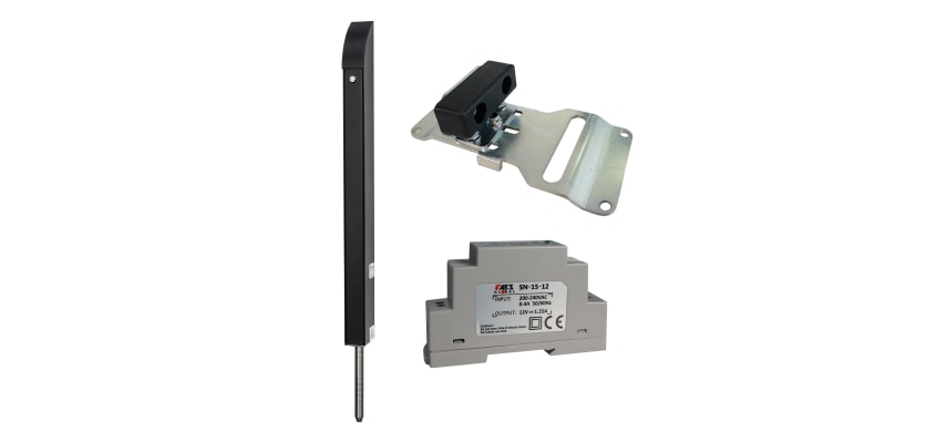 AES Tomalok electric drop bolt kit with stainless steel bolt, ground anchor plate, and 24V DIN rail power supply for swing gate security