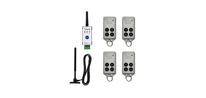 AES Long Range Remote Fob Kit with E-Trans50 receiver, antenna, and four wireless gate remote transmitters