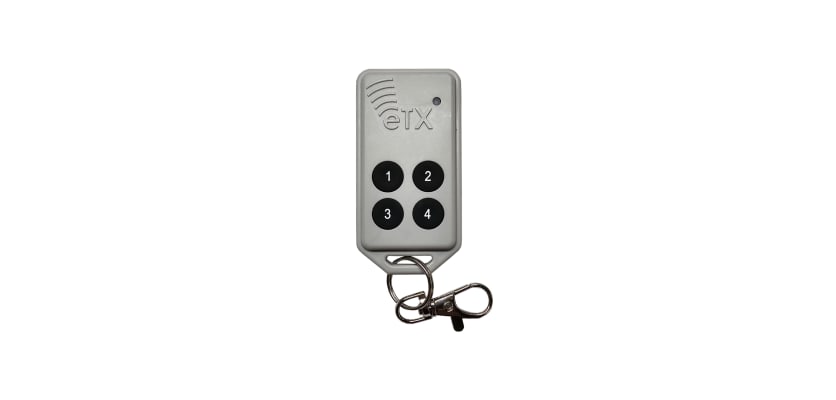 AES E-TX long range gate remote fob with four programmable buttons for wireless gate and access control systems