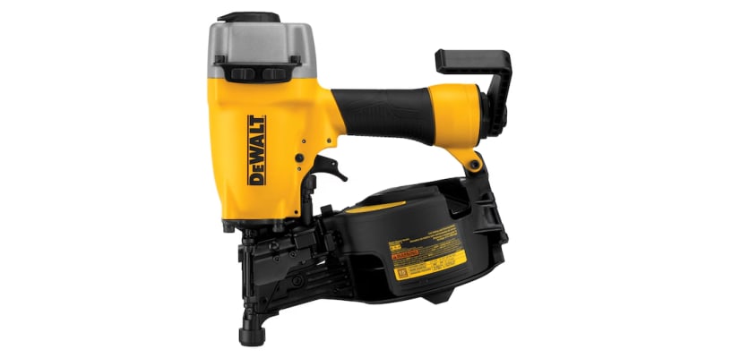 DeWalt 15° pneumatic coil siding and fencing nailer – yellow and black aluminum nail gun with coil magazine side view