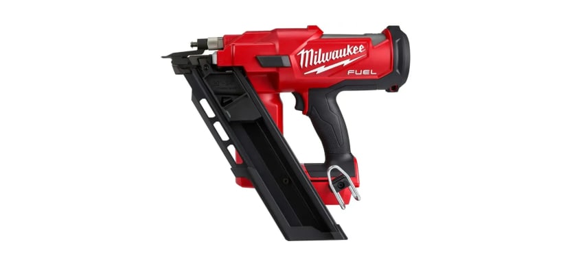 Milwaukee M18 FUEL 30° cordless framing nailer – red battery-powered nail gun angled close-up product view