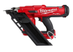 Milwaukee M18 FUEL 30° cordless framing nailer – red battery-powered nail gun angled close-up product view