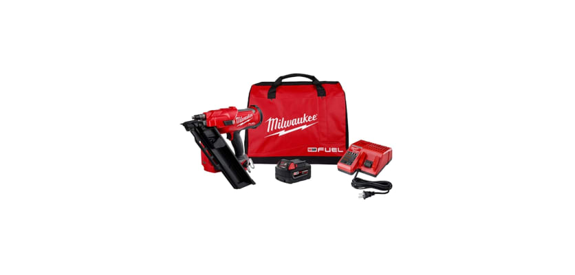 Milwaukee M18 FUEL 30° cordless framing nailer kit – red nail gun with battery, charger, and contractor tool bag product set
